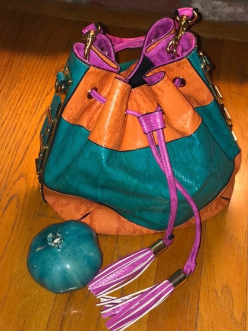 Preowned Aldo Orange Turquoise Multicoloured Bucket Hand Bag Women’s Drawstring
